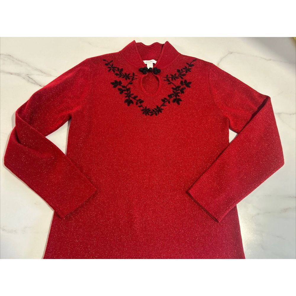 Dress Barn Sweater Womens Large Red Top Blouse Floral Glitter Ladies‎ Sparkle